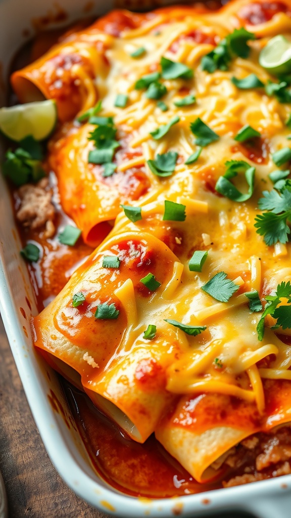 Baking dish of cheesy pork enchiladas topped with green sauce and cilantro.